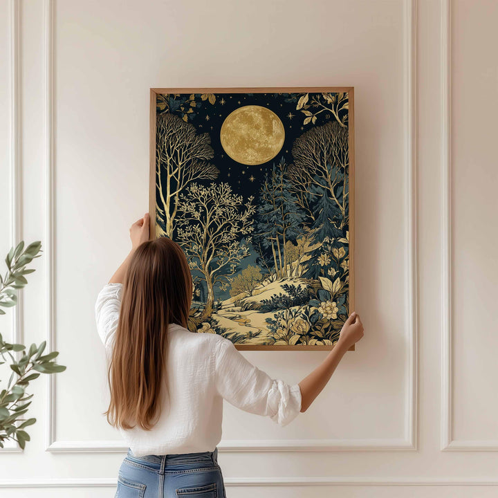 Moon & Stars Print, William Morris inspired Celestial Night Forest Botanical Wall Art, Dark Cottagecore Decor, Blue Gold Winter Scene Poster