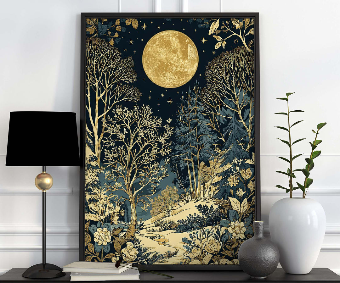 Moon & Stars Print, William Morris inspired Celestial Night Forest Botanical Wall Art, Dark Cottagecore Decor, Blue Gold Winter Scene Poster