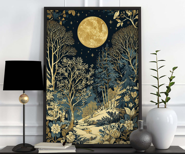 Moon & Stars Print, William Morris inspired Celestial Night Forest Botanical Wall Art, Dark Cottagecore Decor, Blue Gold Winter Scene Poster