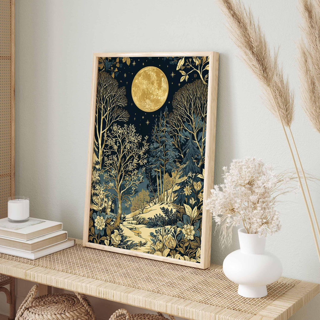 Moon & Stars Print, William Morris inspired Celestial Night Forest Botanical Wall Art, Dark Cottagecore Decor, Blue Gold Winter Scene Poster