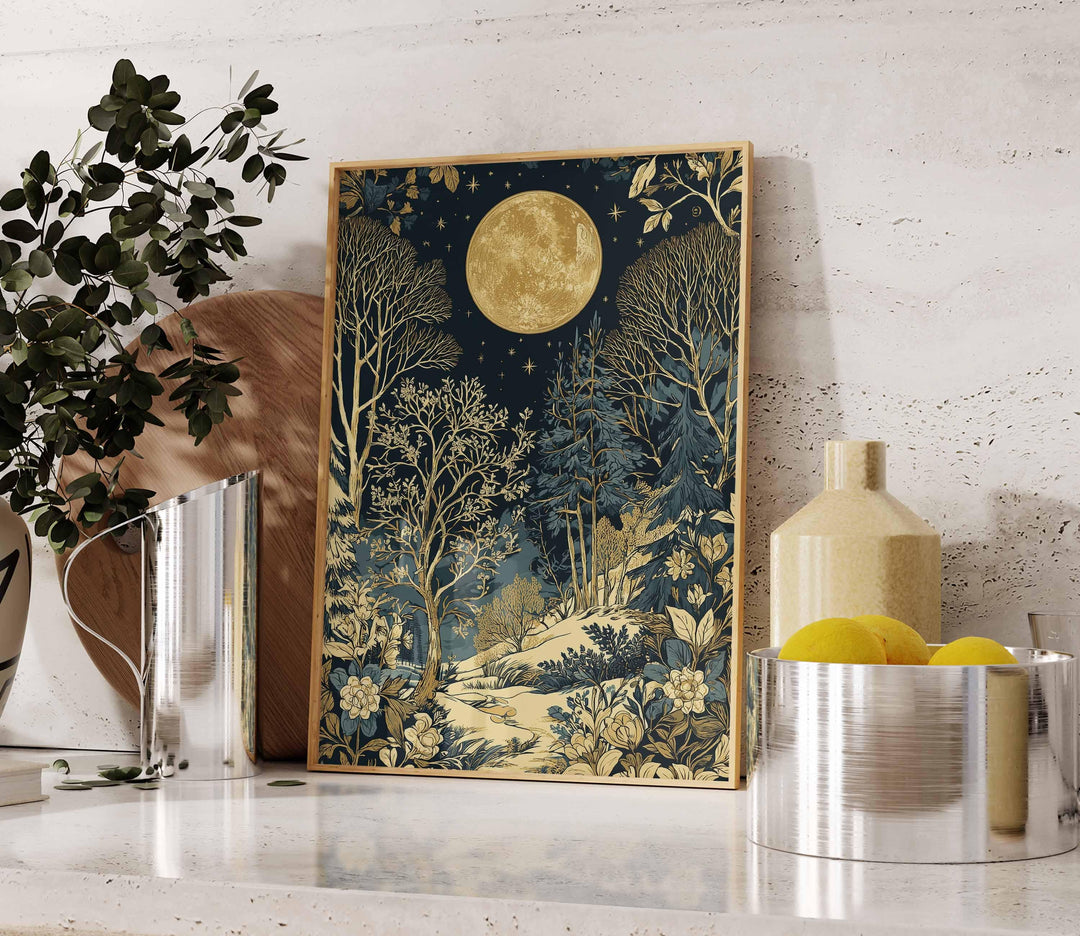 Moon & Stars Print, William Morris inspired Celestial Night Forest Botanical Wall Art, Dark Cottagecore Decor, Blue Gold Winter Scene Poster