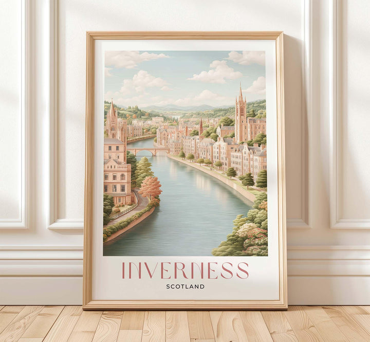 Inverness Travel Art Print, Scotland Pastel Watercolour Wall Art, River Ness Neutral Home Decor, European Cityscape Cultural Poster