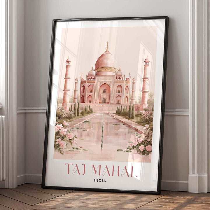 Taj Mahal Travel Poster, India Wall Art Print, River Yamuna Agra Landmark Illustration, Wanderlust Home Décor, Art Lover Hanging Travel Gift
