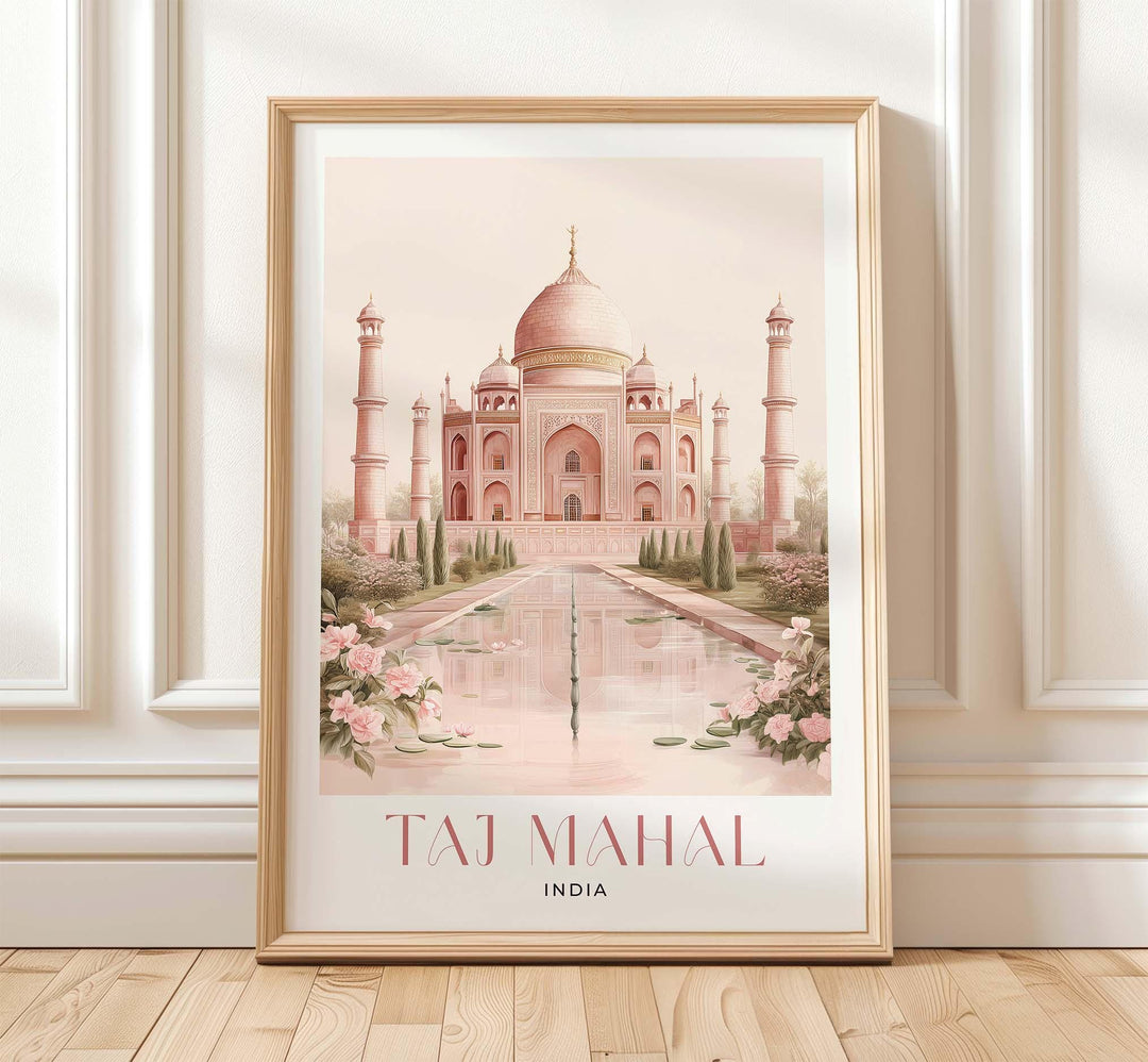 Taj Mahal Travel Poster, India Wall Art Print, River Yamuna Agra Landmark Illustration, Wanderlust Home Décor, Art Lover Hanging Travel Gift