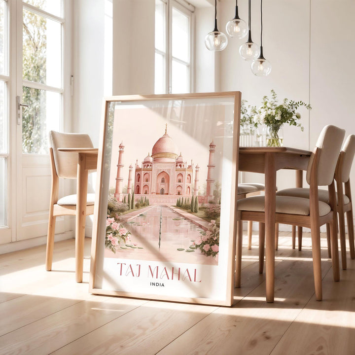 Taj Mahal Travel Poster, India Wall Art Print, River Yamuna Agra Landmark Illustration, Wanderlust Home Décor, Art Lover Hanging Travel Gift