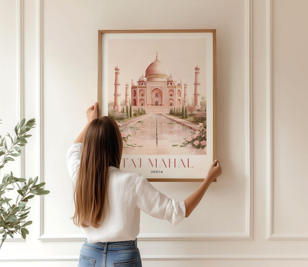 Taj Mahal Travel Poster, India Wall Art Print, River Yamuna Agra Landmark Illustration, Wanderlust Home Décor, Art Lover Hanging Travel Gift