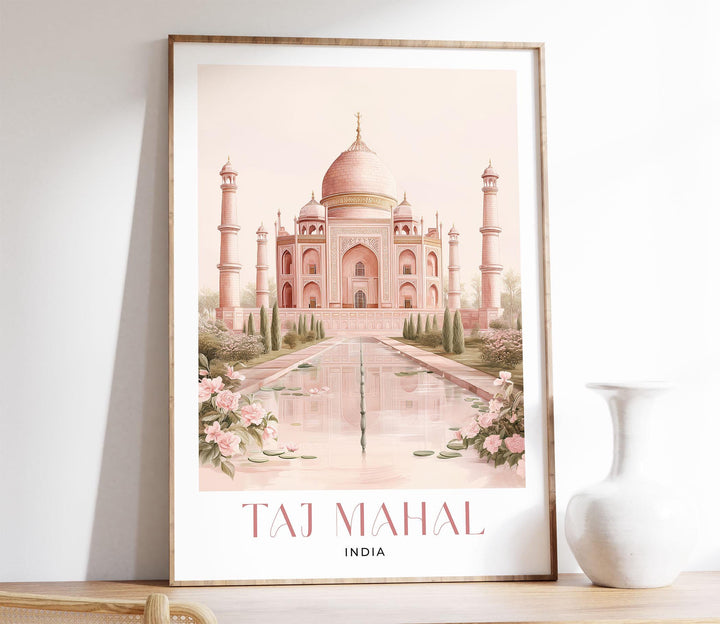 Taj Mahal Travel Poster, India Wall Art Print, River Yamuna Agra Landmark Illustration, Wanderlust Home Décor, Art Lover Hanging Travel Gift