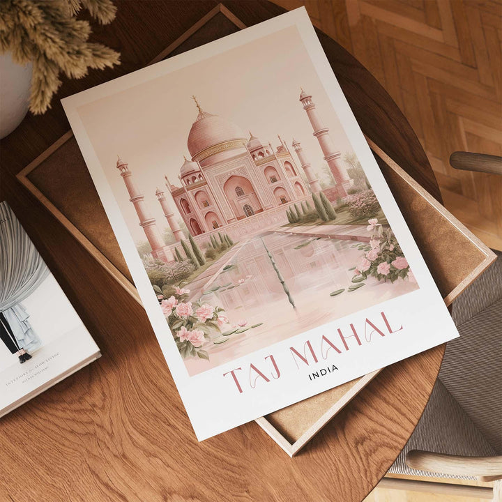 Taj Mahal Travel Poster, India Wall Art Print, River Yamuna Agra Landmark Illustration, Wanderlust Home Décor, Art Lover Hanging Travel Gift