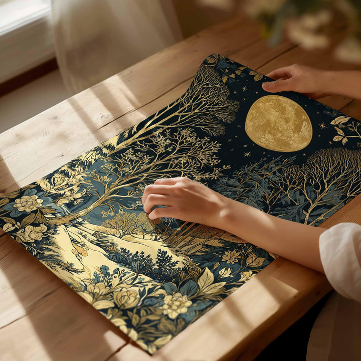 Moon & Stars Print, William Morris inspired Celestial Night Forest Botanical Wall Art, Dark Cottagecore Decor, Blue Gold Winter Scene Poster