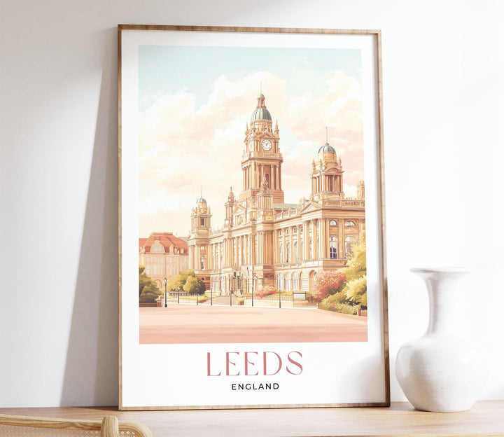 Leeds City Travel Print, UK City Yorkshire Art Poster, Leeds Gift Art Lovers Illustration, Elegant Home Décor, Pastel Watercolour Wall Art