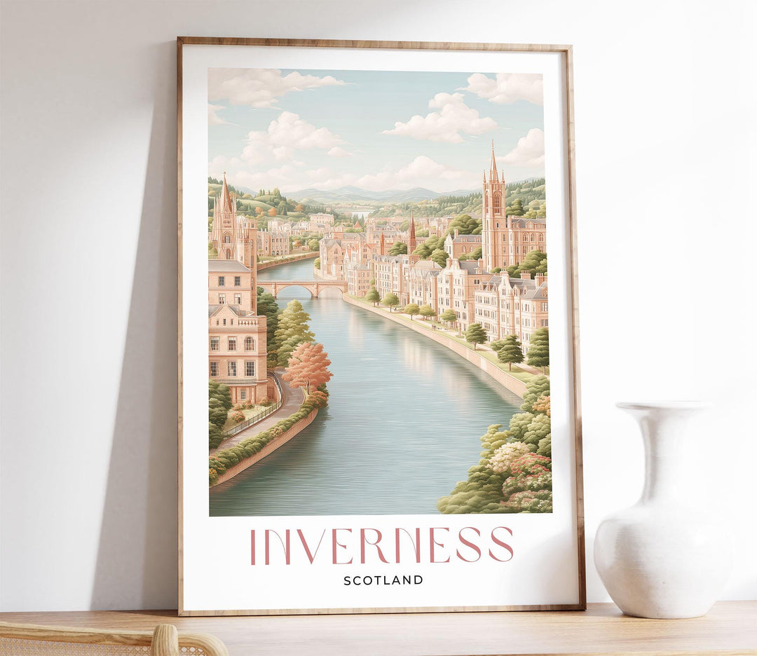 Inverness Travel Art Print, Scotland Pastel Watercolour Wall Art, River Ness Neutral Home Decor, European Cityscape Cultural Poster