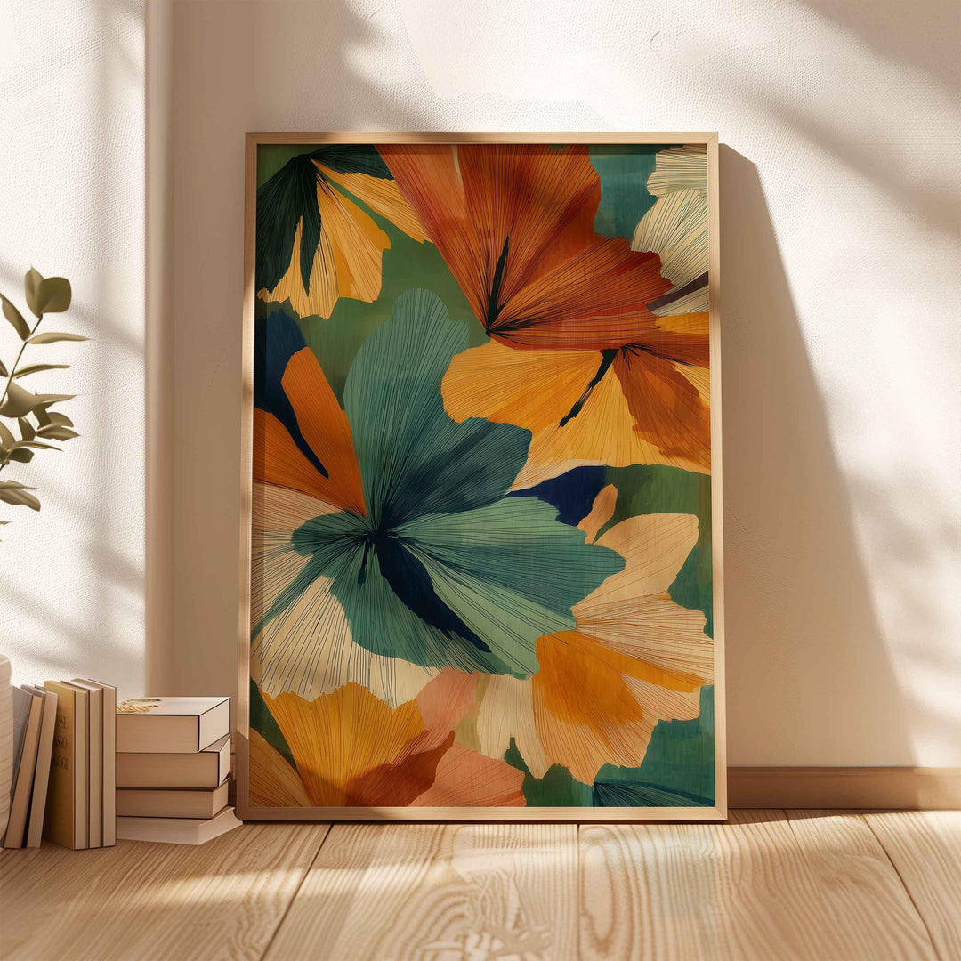Abstract Botanical Flower Wall Art, Mid Century Retro Flower Poster, Bold Home Decor, Colourful Autumn Flowers Print, Burnt Orange Leafy Art