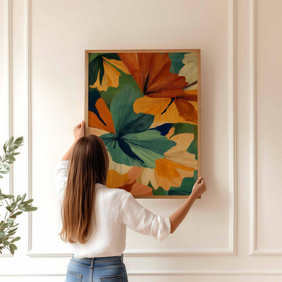 Abstract Botanical Flower Wall Art, Mid Century Retro Flower Poster, Bold Home Decor, Colourful Autumn Flowers Print, Burnt Orange Leafy Art