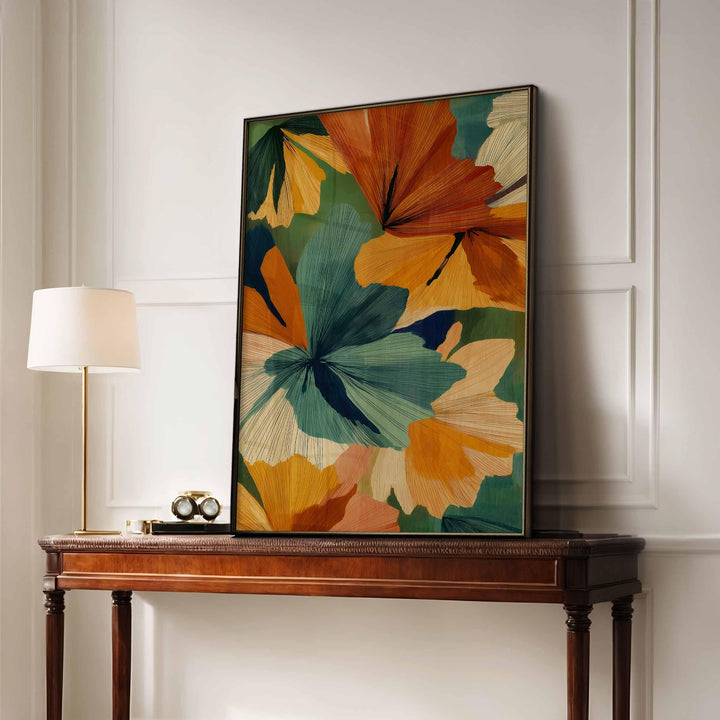 Abstract Botanical Flower Wall Art, Mid Century Retro Flower Poster, Bold Home Decor, Colourful Autumn Flowers Print, Burnt Orange Leafy Art