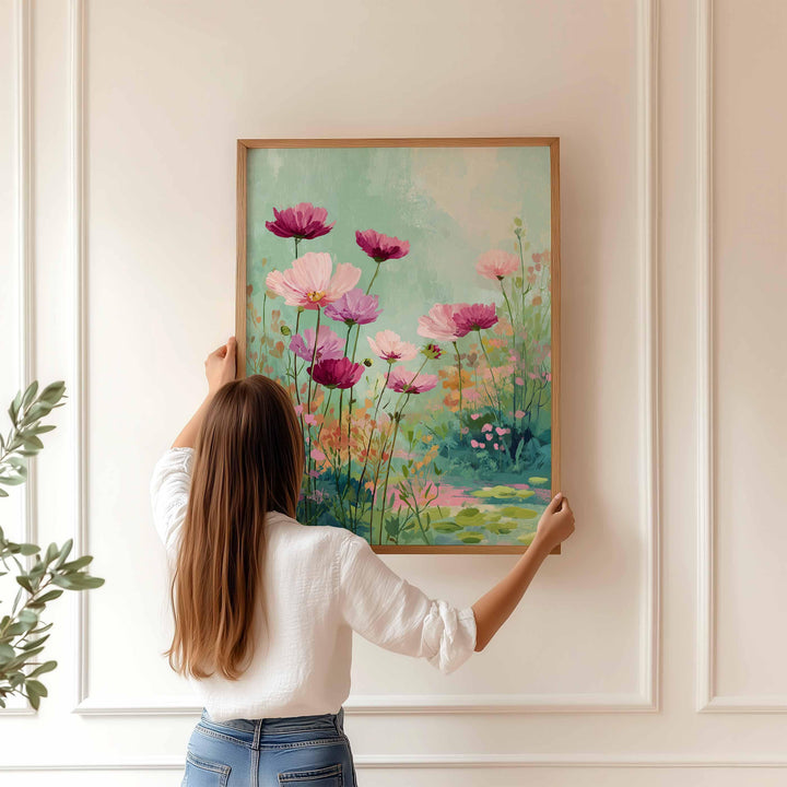Modern Abstract Flower Print, Pastel Pink & Aqua Blue Floral Meadow, Impressionist Spring Summer Wall Art, Colourful Cottagecore Gift