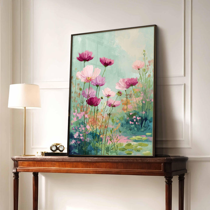 Modern Abstract Flower Print, Pastel Pink & Aqua Blue Floral Meadow, Impressionist Spring Summer Wall Art, Colourful Cottagecore Gift
