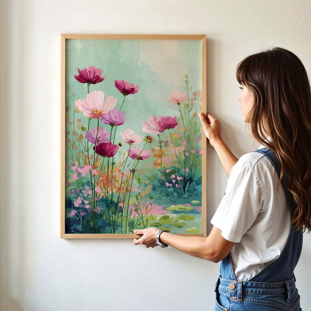 Modern Abstract Flower Print, Pastel Pink & Aqua Blue Floral Meadow, Impressionist Spring Summer Wall Art, Colourful Cottagecore Gift