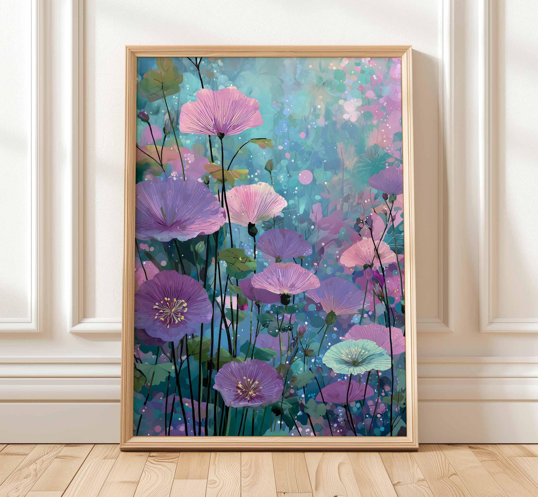 Modern Abstract Purple Flower Print, Purple Pink & Aqua Blue Floral Meadow, Impressionist Spring Summer Wall Art, Colourful Cottagecore Gift