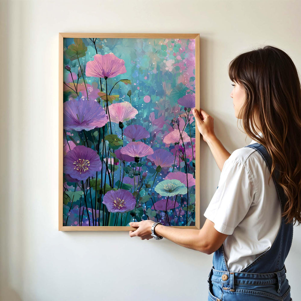 Modern Abstract Purple Flower Print, Purple Pink & Aqua Blue Floral Meadow, Impressionist Spring Summer Wall Art, Colourful Cottagecore Gift