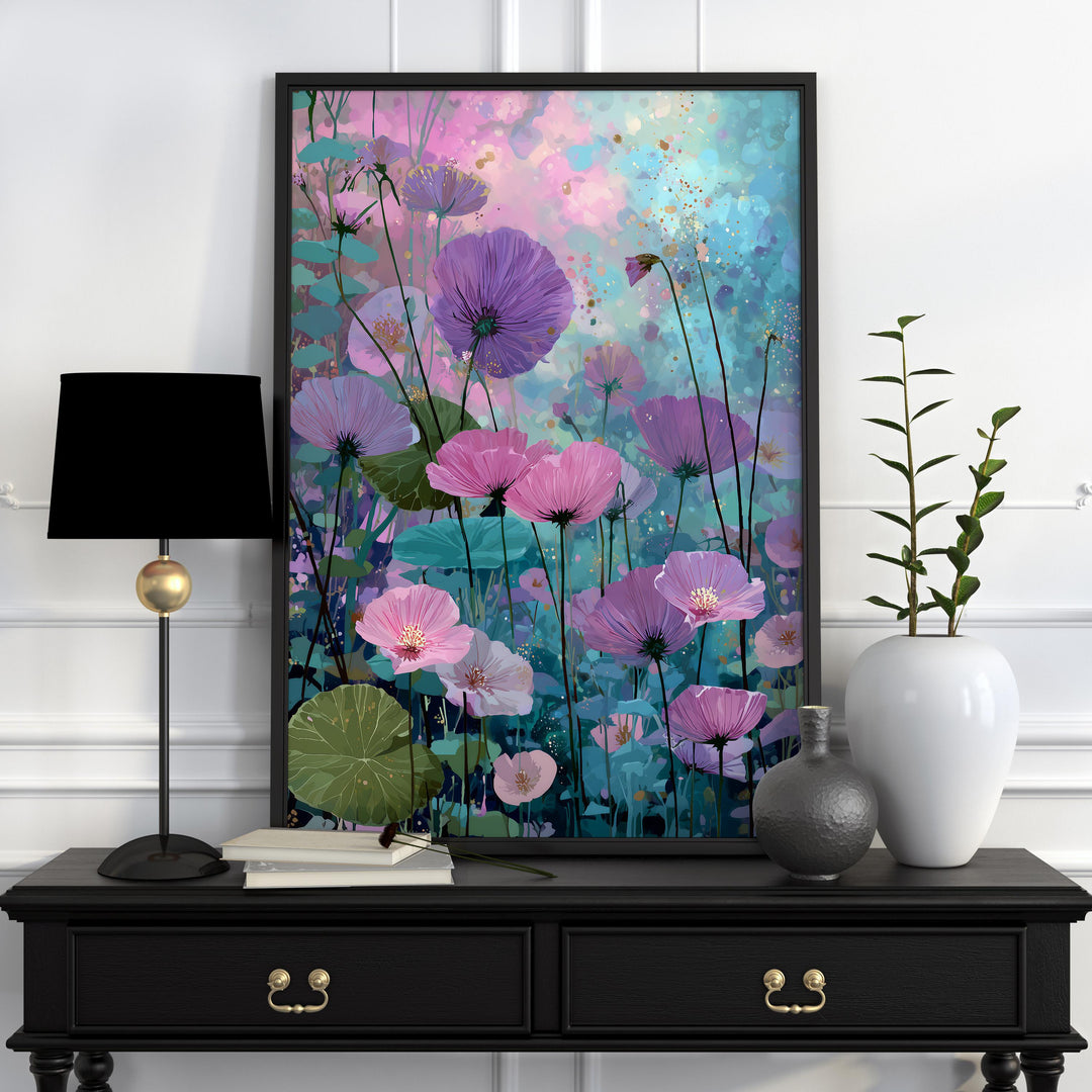 Modern Abstract Purple Flower Print, Purple Pink & Aqua Blue Floral Meadow, Impressionist Spring Summer Wall Art, Colourful Cottagecore Gift