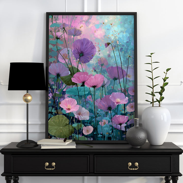 Modern Abstract Purple Flower Print, Purple Pink & Aqua Blue Floral Meadow, Impressionist Spring Summer Wall Art, Colourful Cottagecore Gift
