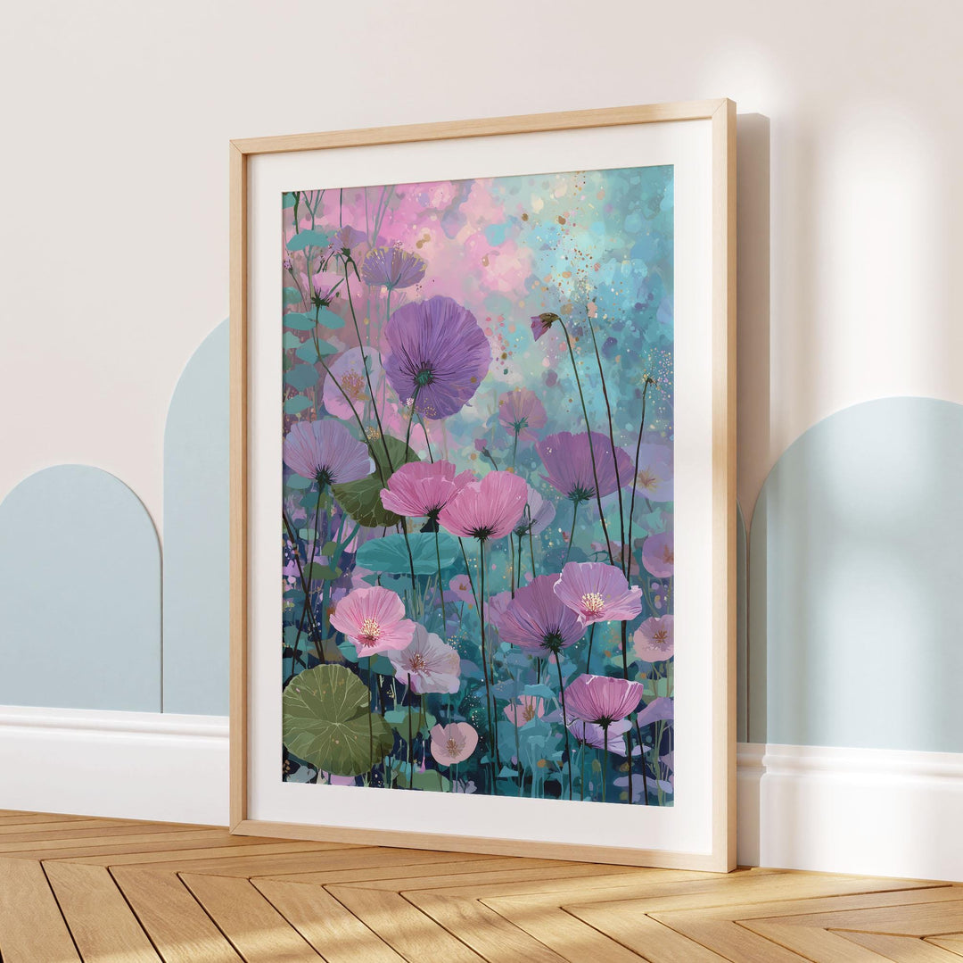 Modern Abstract Purple Flower Print, Purple Pink & Aqua Blue Floral Meadow, Impressionist Spring Summer Wall Art, Colourful Cottagecore Gift