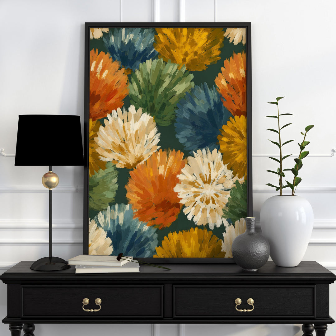 Abstract Botanical Flower Wall Art, Mid Century Retro Flower Poster, Bold Home Decor, Colourful Autumn Flowers Print, Burnt Orange Leafy Art