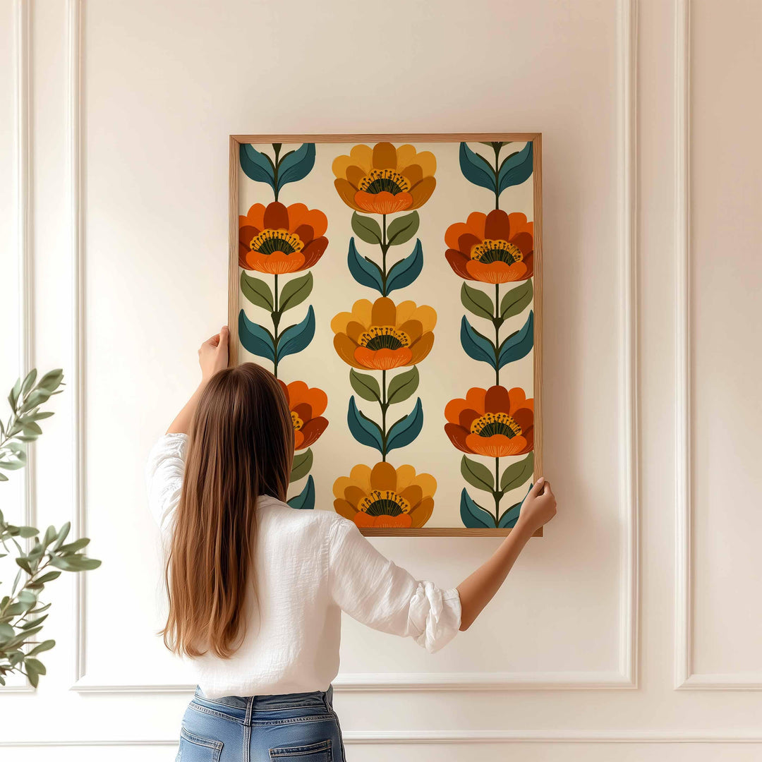 Scandinavian Folk Art Flower Print, Modern Nordic Abstract Floral Wall Art, Burnt Orange Autumn Flowers, Scandi Living Room Home Decor