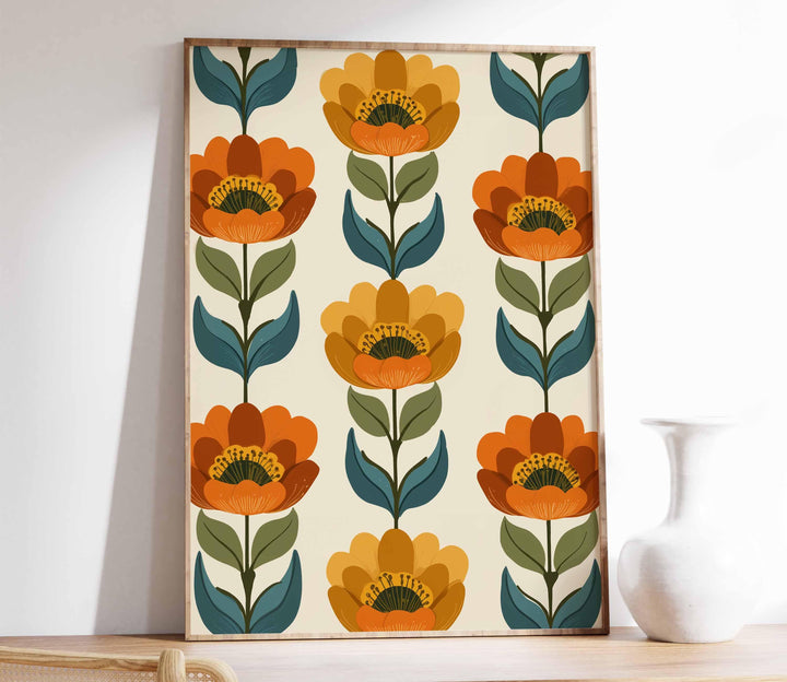 Scandinavian Folk Art Flower Print, Modern Nordic Abstract Floral Wall Art, Burnt Orange Autumn Flowers, Scandi Living Room Home Decor
