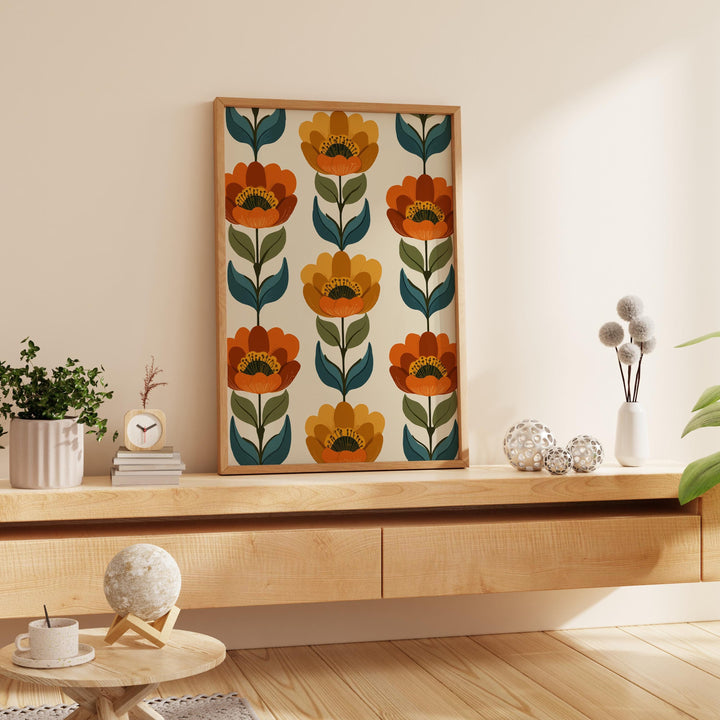 Scandinavian Folk Art Flower Print, Modern Nordic Abstract Floral Wall Art, Burnt Orange Autumn Flowers, Scandi Living Room Home Decor
