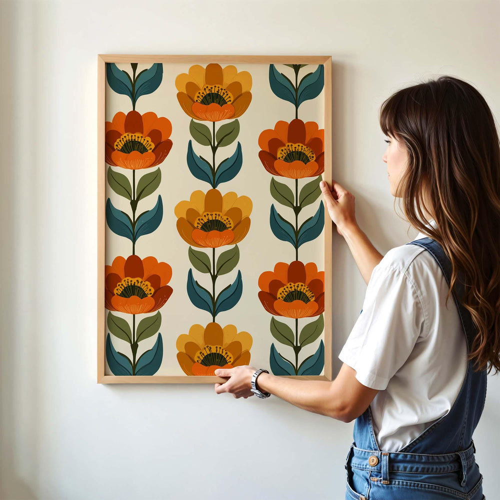 Scandinavian Folk Art Flower Print, Modern Nordic Abstract Floral Wall Art, Burnt Orange Autumn Flowers, Scandi Living Room Home Decor