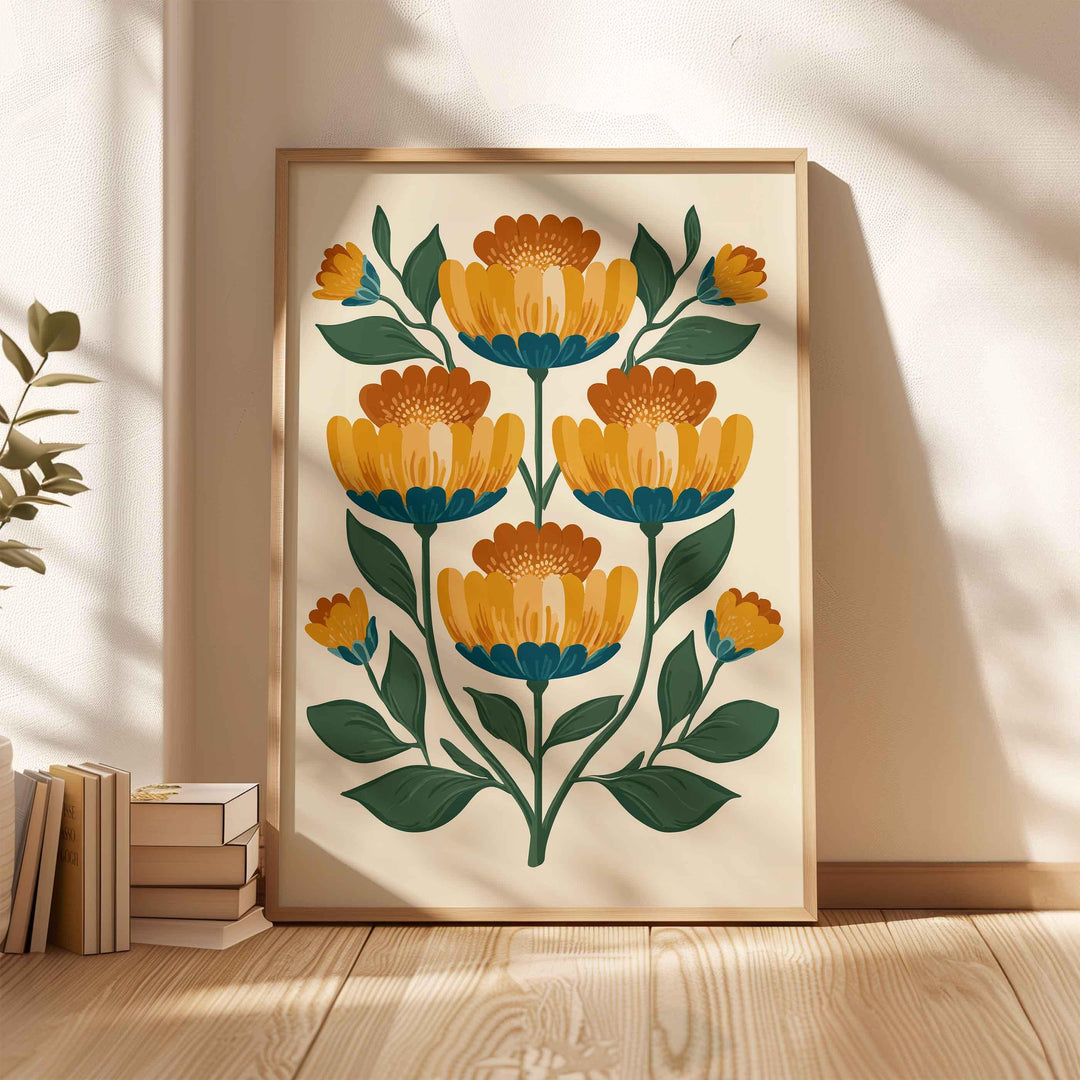 Scandinavian Folk Art Flower Print, Modern Nordic Abstract Floral Wall Art, Burnt Orange Yellow Flowers, Bold Scandi Living Room Home Decor