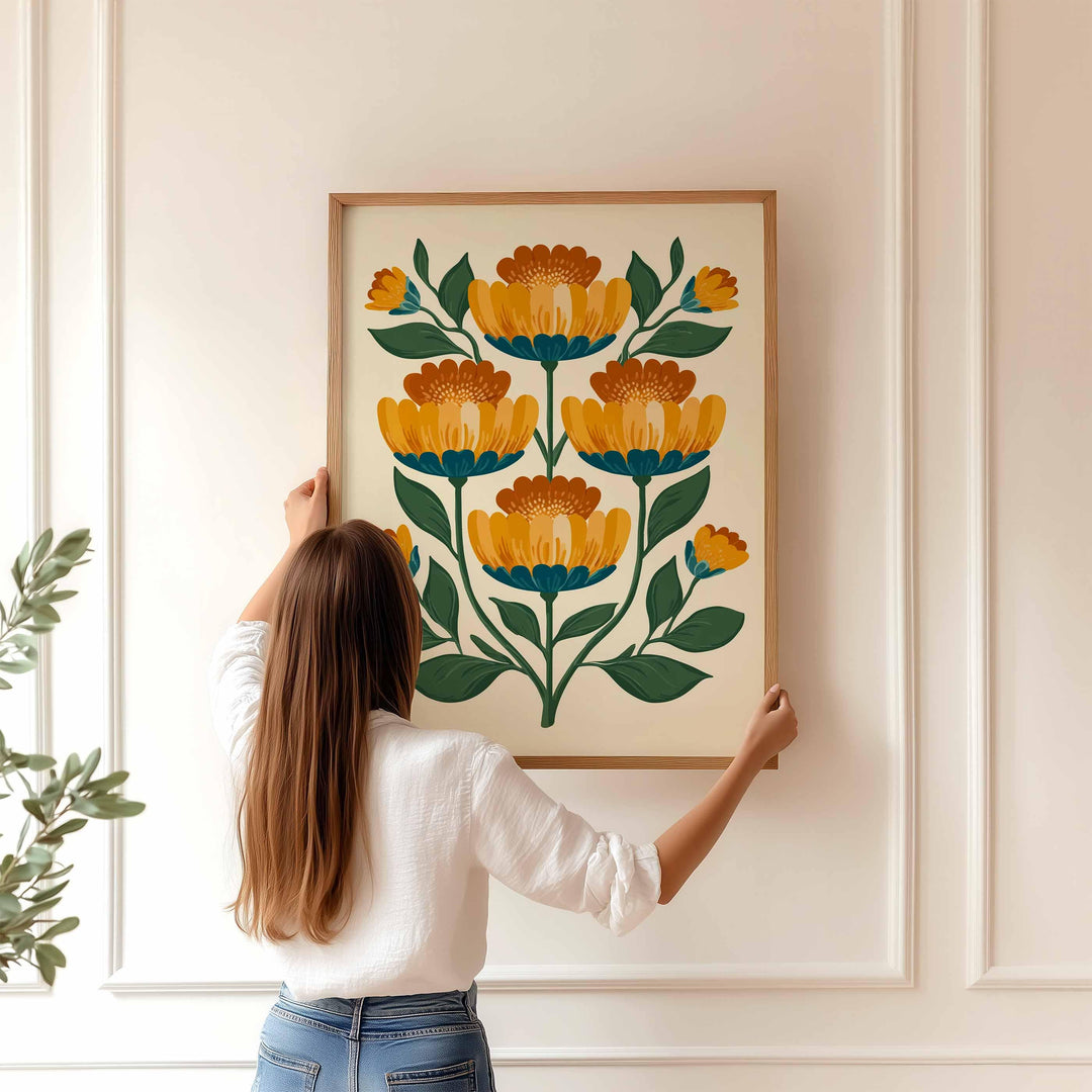 Scandinavian Folk Art Flower Print, Modern Nordic Abstract Floral Wall Art, Burnt Orange Yellow Flowers, Bold Scandi Living Room Home Decor