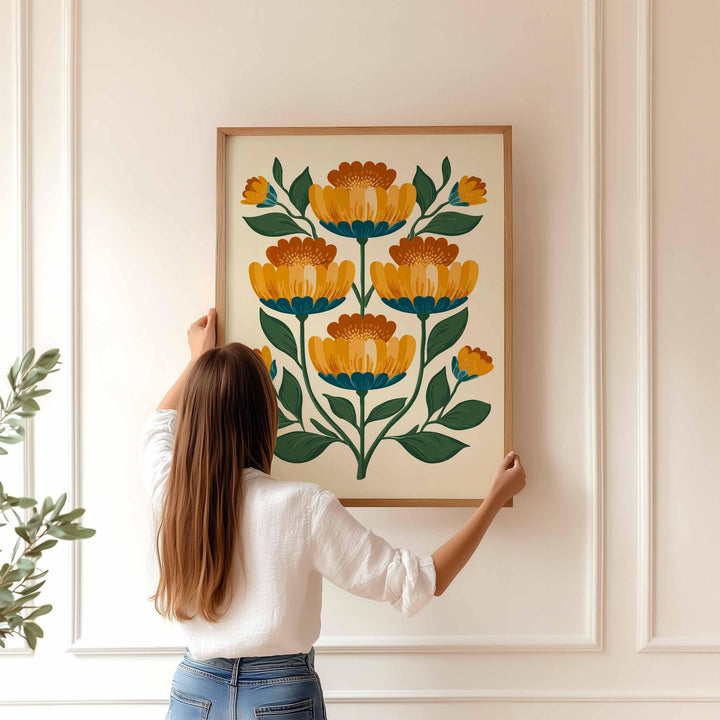 Scandinavian Folk Art Flower Print, Modern Nordic Abstract Floral Wall Art, Burnt Orange Yellow Flowers, Bold Scandi Living Room Home Decor