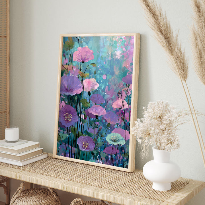 Modern Abstract Purple Flower Print, Purple Pink & Aqua Blue Floral Meadow, Impressionist Spring Summer Wall Art, Colourful Cottagecore Gift