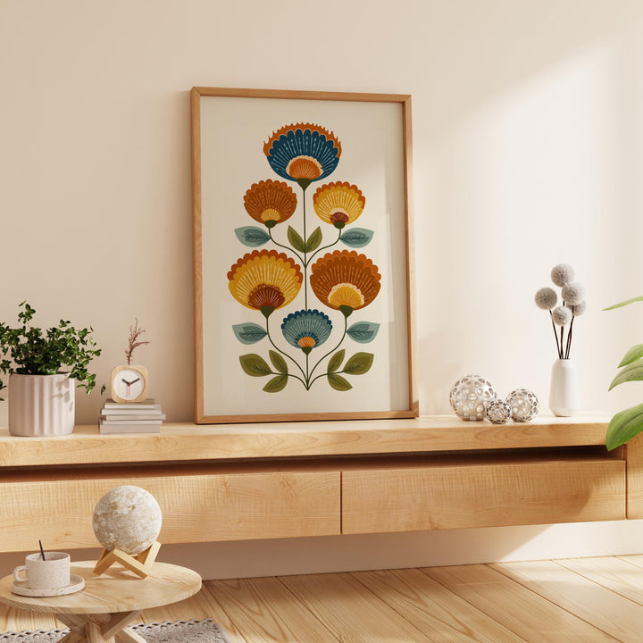 Scandinavian Folk Art Flower Print, Modern Nordic Abstract Floral Wall Art, Burnt Orange Yellow Flowers, Bold Scandi Living Room Home Decor