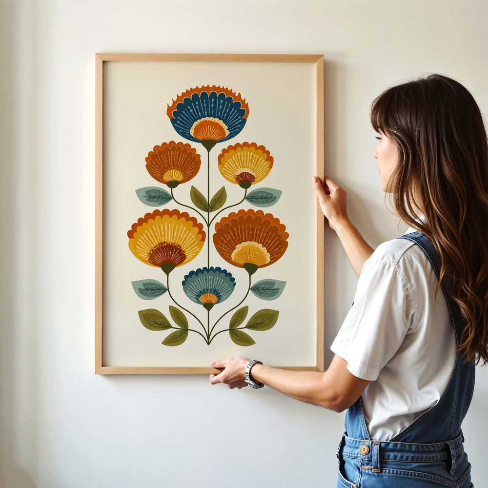 Scandinavian Folk Art Flower Print, Modern Nordic Abstract Floral Wall Art, Burnt Orange Yellow Flowers, Bold Scandi Living Room Home Decor