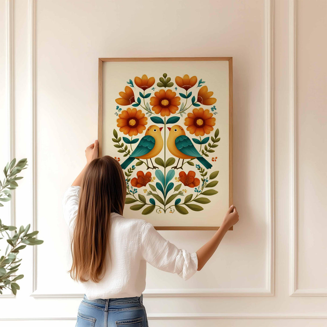 Scandinavian Folk Art Bird Print, Modern Nordic Abstract Floral Wall Art, Burnt Orange Yellow Flowers, Bold Scandi Living Room Home Decor