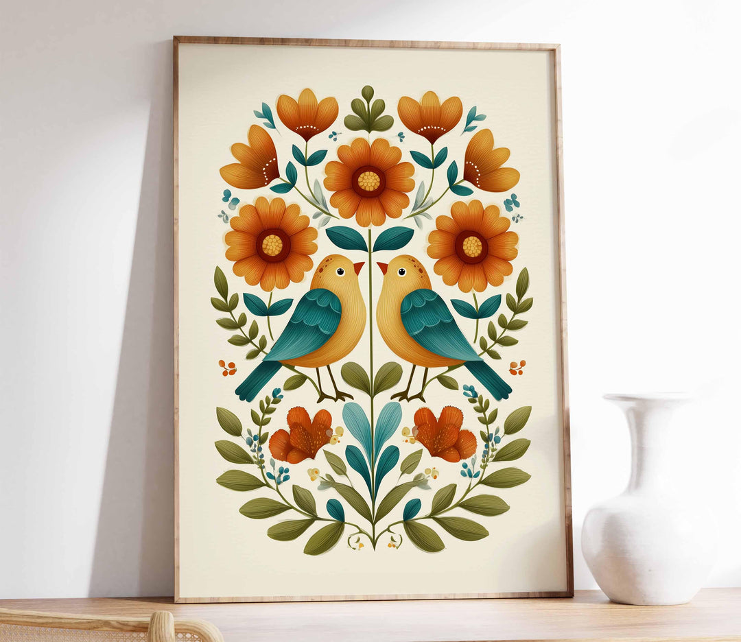 Scandinavian Folk Art Bird Print, Modern Nordic Abstract Floral Wall Art, Burnt Orange Yellow Flowers, Bold Scandi Living Room Home Decor