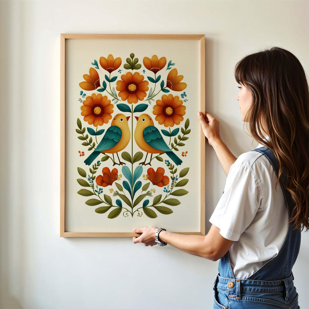 Scandinavian Folk Art Bird Print, Modern Nordic Abstract Floral Wall Art, Burnt Orange Yellow Flowers, Bold Scandi Living Room Home Decor