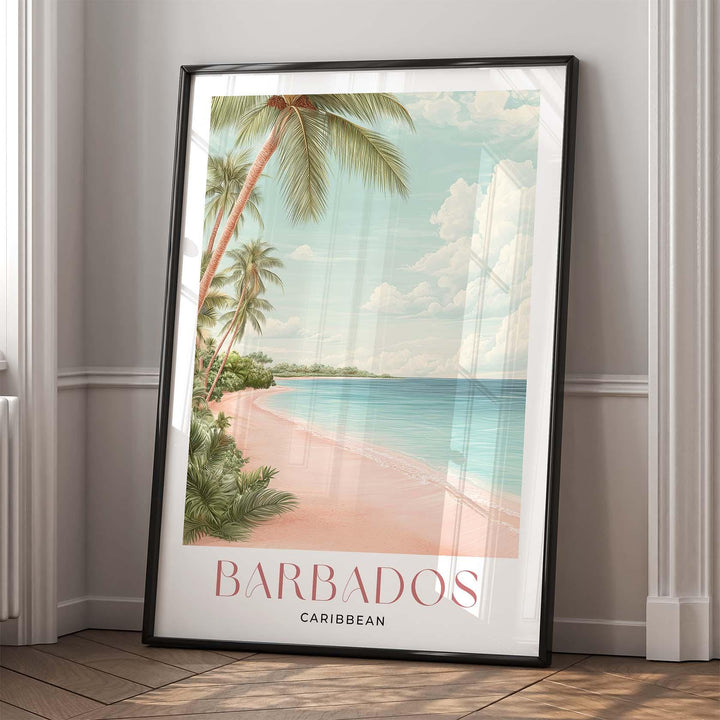 Barbados Travel Poster, Caribbean Beach Wall Art, Tropical Watercolour Print, Coastal Decor, Pink Beige Island Art, Framed Art Lovers Gift