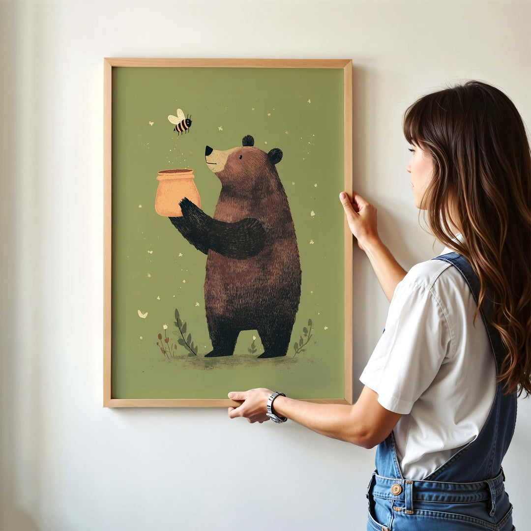 Cute Bear Nursery Art Print, Woodland Animal Wall Art, Whimsical Brown Bear with Honey Pot, Olive Green Kids Room Decor