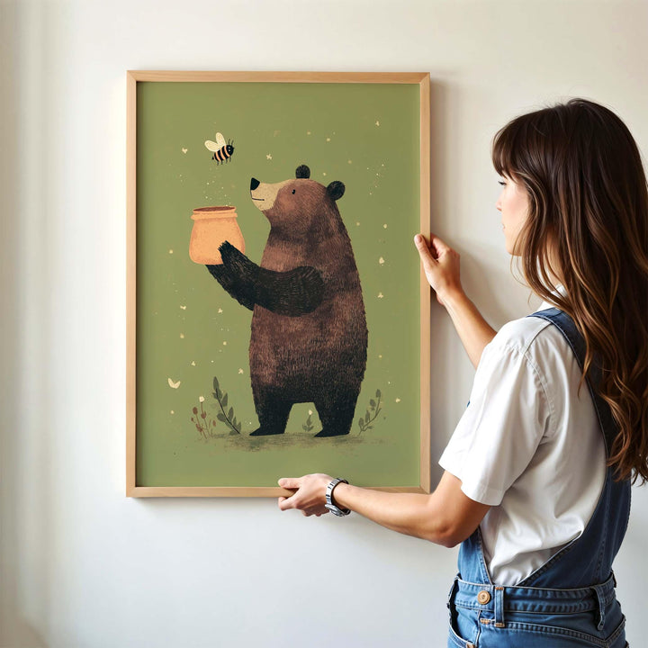 Cute Bear Nursery Art Print, Woodland Animal Wall Art, Whimsical Brown Bear with Honey Pot, Olive Green Kids Room Decor