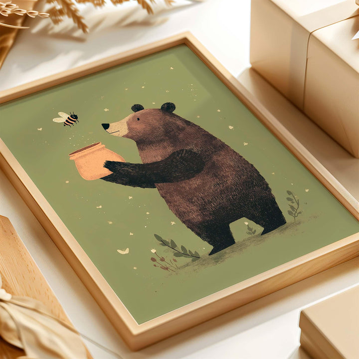 Cute Bear Nursery Art Print, Woodland Animal Wall Art, Whimsical Brown Bear with Honey Pot, Olive Green Kids Room Decor
