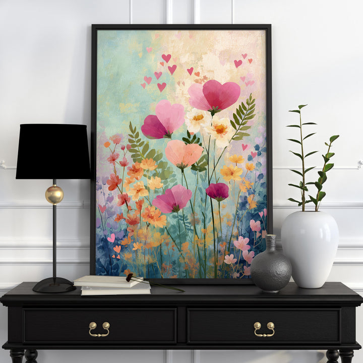 Pastel Impressionist Flower Print, Pink Heart Flowers, Ethereal Textured Floral Wall Art, Romantic Bedroom Decor, Cottagecore Gift