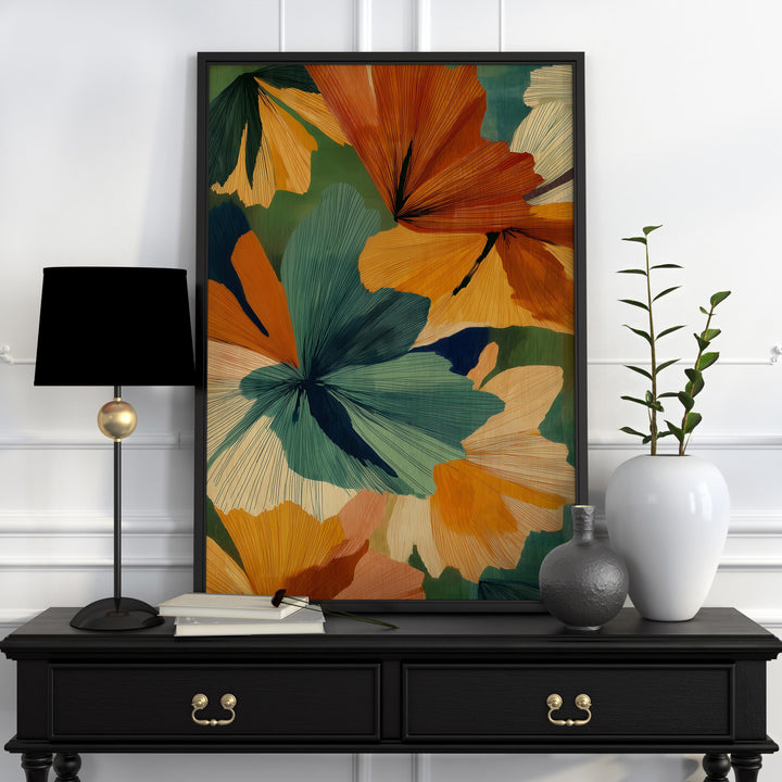 Abstract Botanical Flower Wall Art, Mid Century Retro Flower Poster, Bold Home Decor, Colourful Autumn Flowers Print, Burnt Orange Leafy Art
