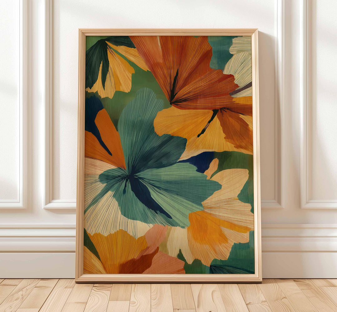 Abstract Botanical Flower Wall Art, Mid Century Retro Flower Poster, Bold Home Decor, Colourful Autumn Flowers Print, Burnt Orange Leafy Art