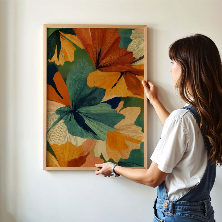 Abstract Botanical Flower Wall Art, Mid Century Retro Flower Poster, Bold Home Decor, Colourful Autumn Flowers Print, Burnt Orange Leafy Art