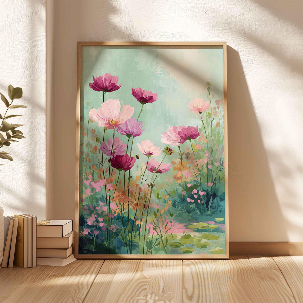 Modern Abstract Flower Print, Pastel Pink & Aqua Blue Floral Meadow, Impressionist Spring Summer Wall Art, Colourful Cottagecore Gift
