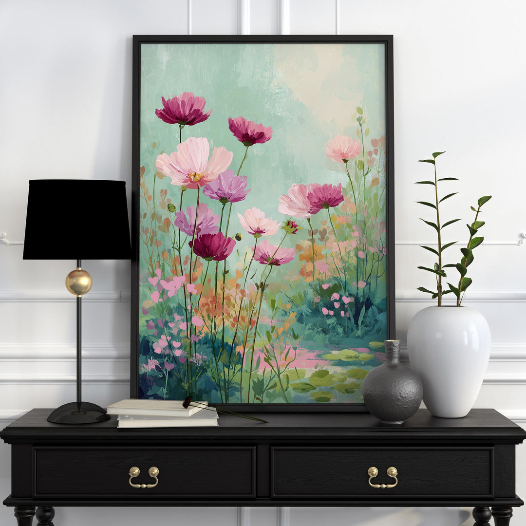 Modern Abstract Flower Print, Pastel Pink & Aqua Blue Floral Meadow, Impressionist Spring Summer Wall Art, Colourful Cottagecore Gift